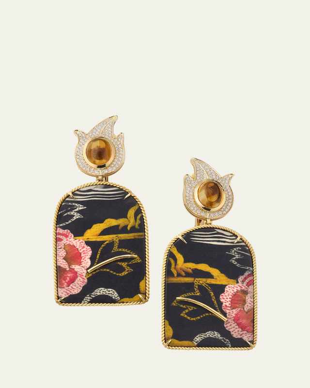 18K Yellow Gold Tibetan Rose Marquetry Earrings with Diamonds and Citrine